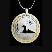 Loon with Chick Pendant Necklace Silver and Brass 
