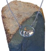 Sterling Silver Oval Pines with Brass Moon Pendant