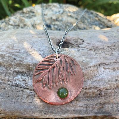 Copper Pine Needle and Jade Pendant