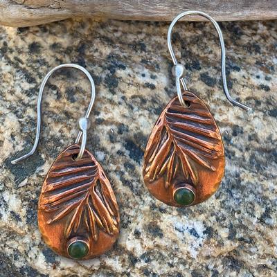 Copper Pine Needle and Jade Earrings
